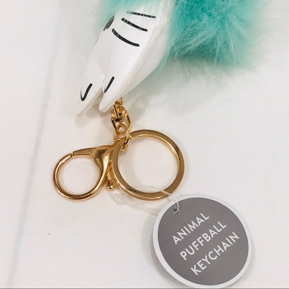 Eccolo Cat Pom Pom Key Chain, Black, White, Blue